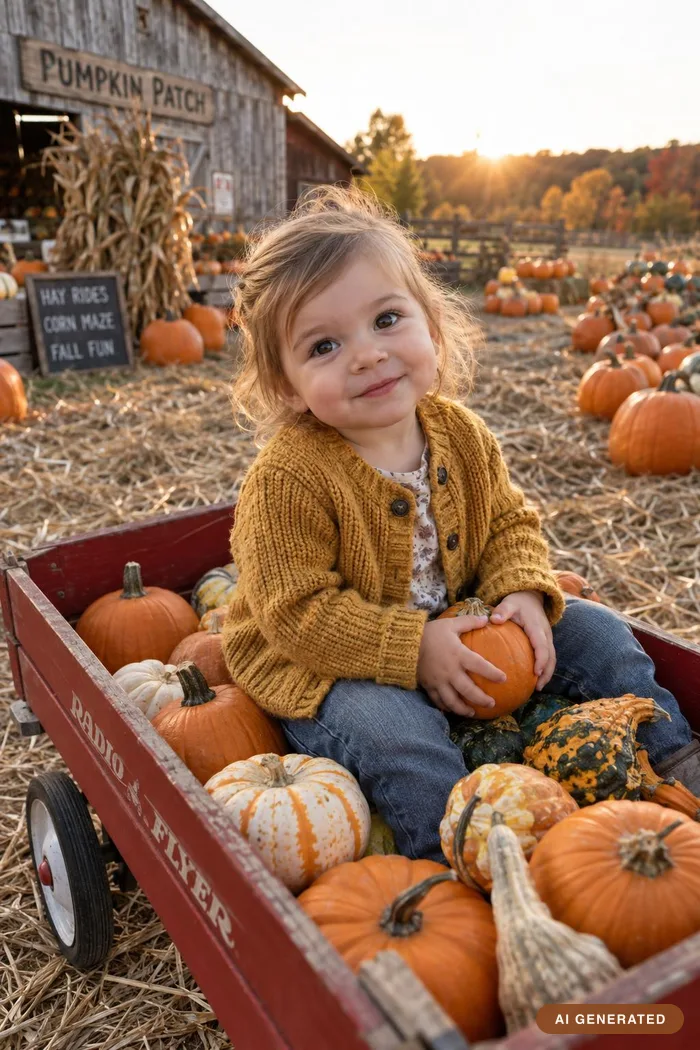 One toddler in a red wagon piled with pumpkins