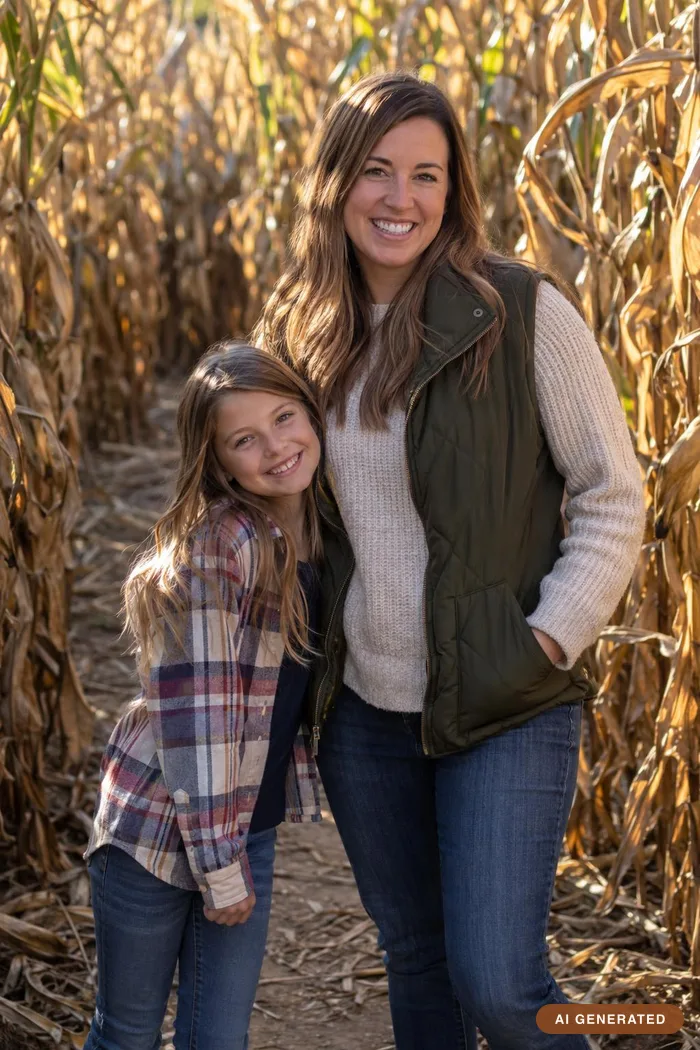 A mother in a cream sweater and olive quilted vest with her daughter in a plaid flannel shirt in a corn maze
