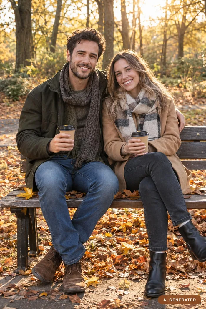 A couple on a park bench with coffee: olive jacket and grey scarf, camel coat and plaid scarf
