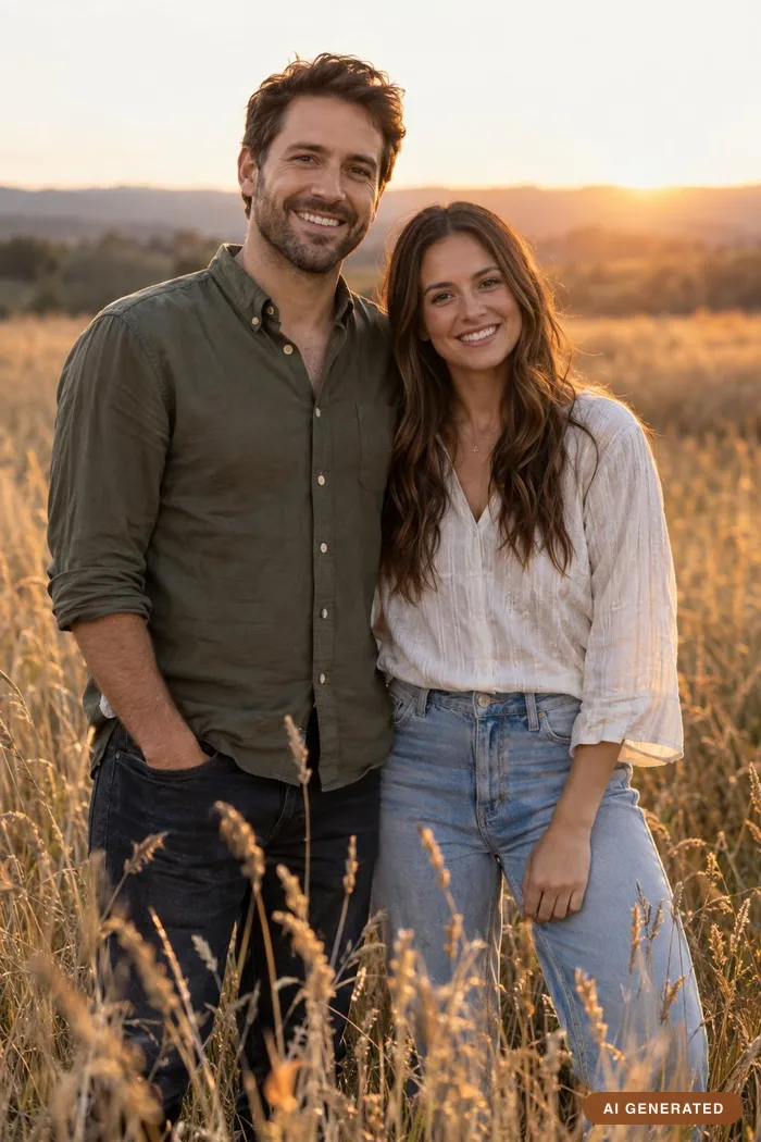 A couple in a golden field at sunset: an olive shirt beside a white blouse and light jeans