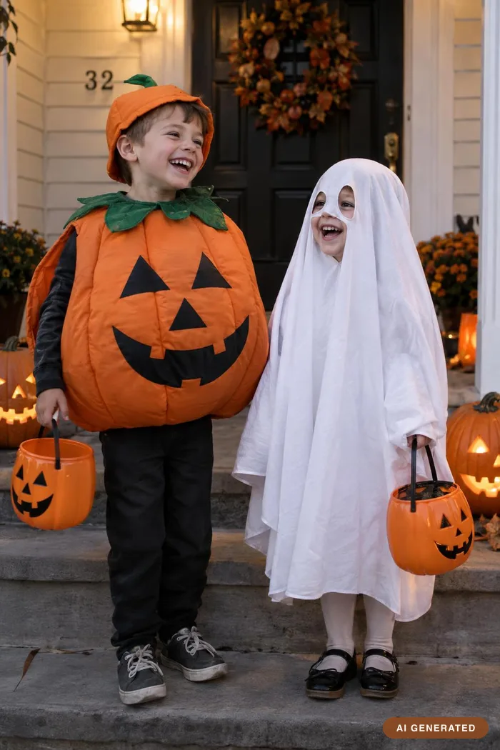 Two children on a porch step, one dressed as a pumpkin and one as a ghost