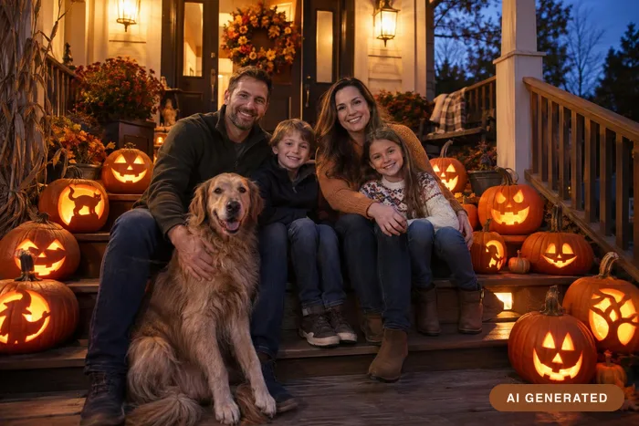 A family sitting on porch steps lined with glowing jack-o'-lanterns, a golden retriever beside them