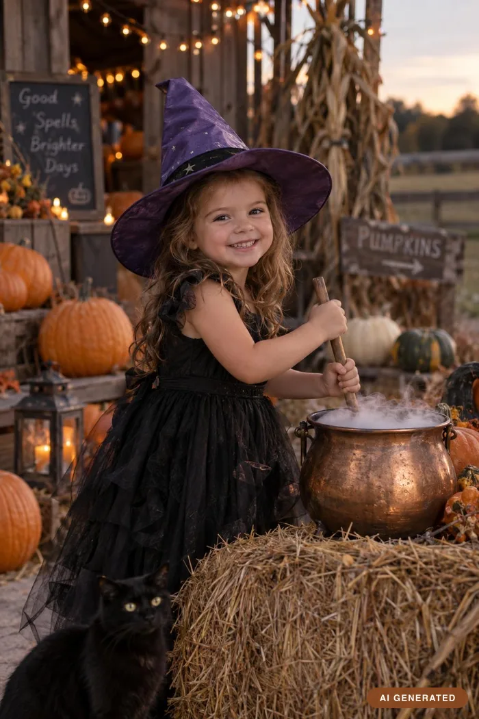 A little girl in a witch's hat stirring a copper cauldron among hay bales and pumpkins