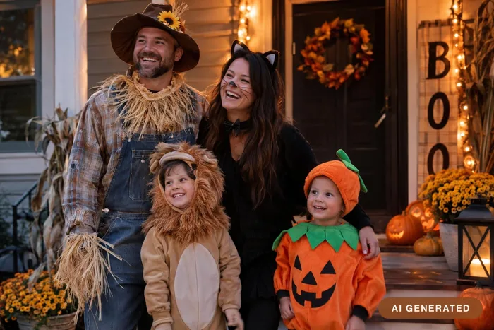 A family in costumes — a scarecrow, a cat, a lion and a pumpkin — on a decorated porch