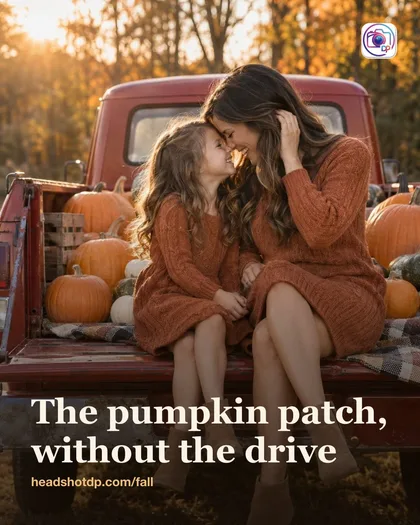 A mother and daughter on the tailgate of a red truck full of pumpkins