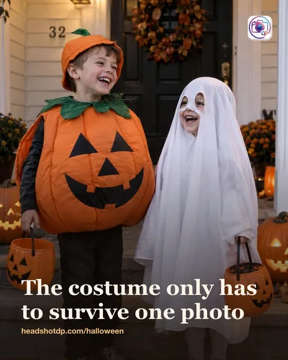 Two children in Halloween costumes on a porch step