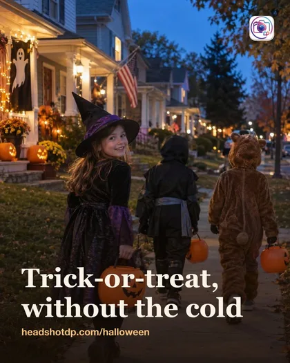 Children trick-or-treating at dusk with pumpkin buckets